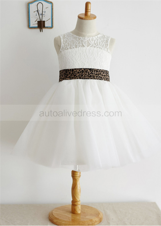 Ivory Lace Tulle Keyhole Back Cute Flower Girl Dress With Leopard Sash